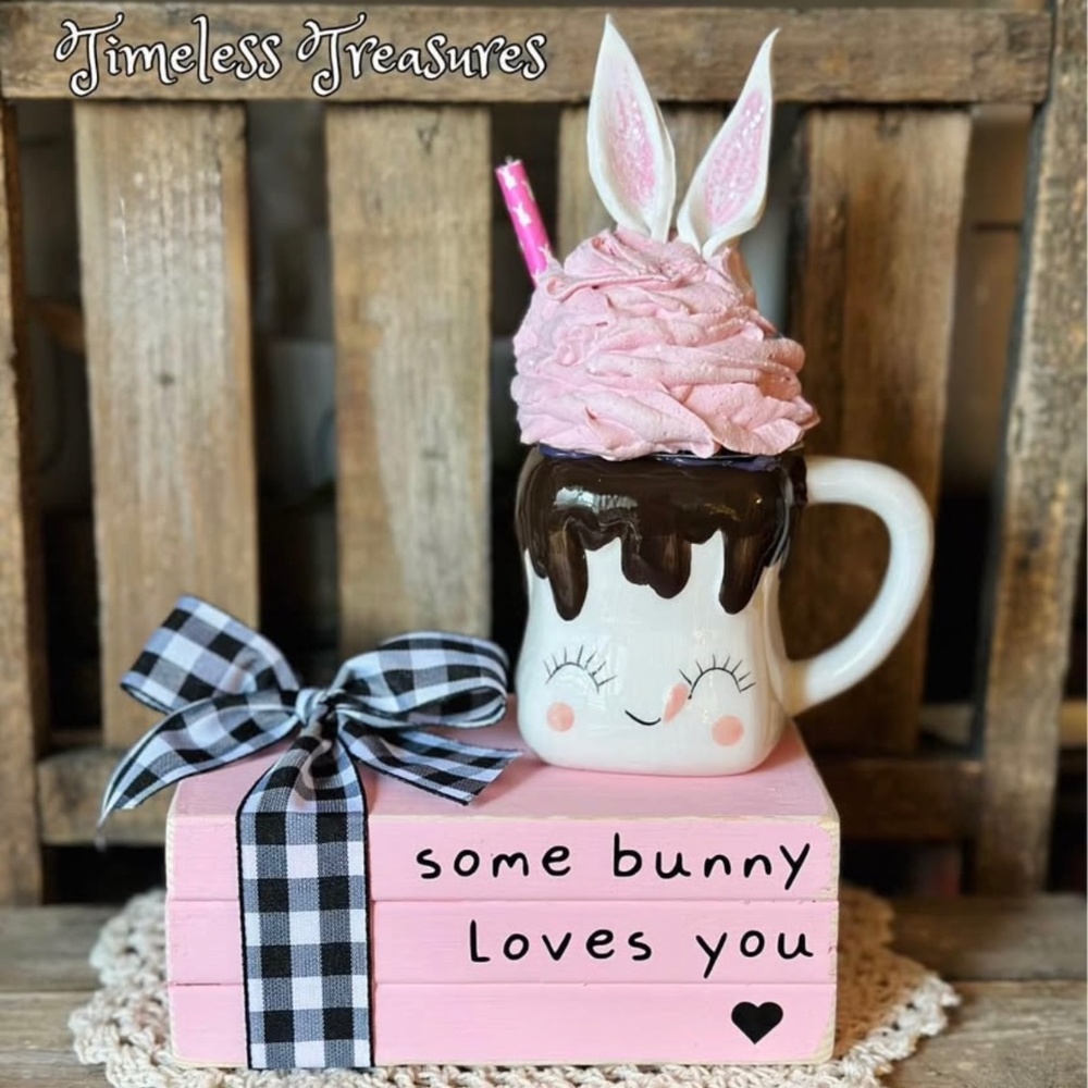 Some bunny loves you bookstack with marshmallow mug
